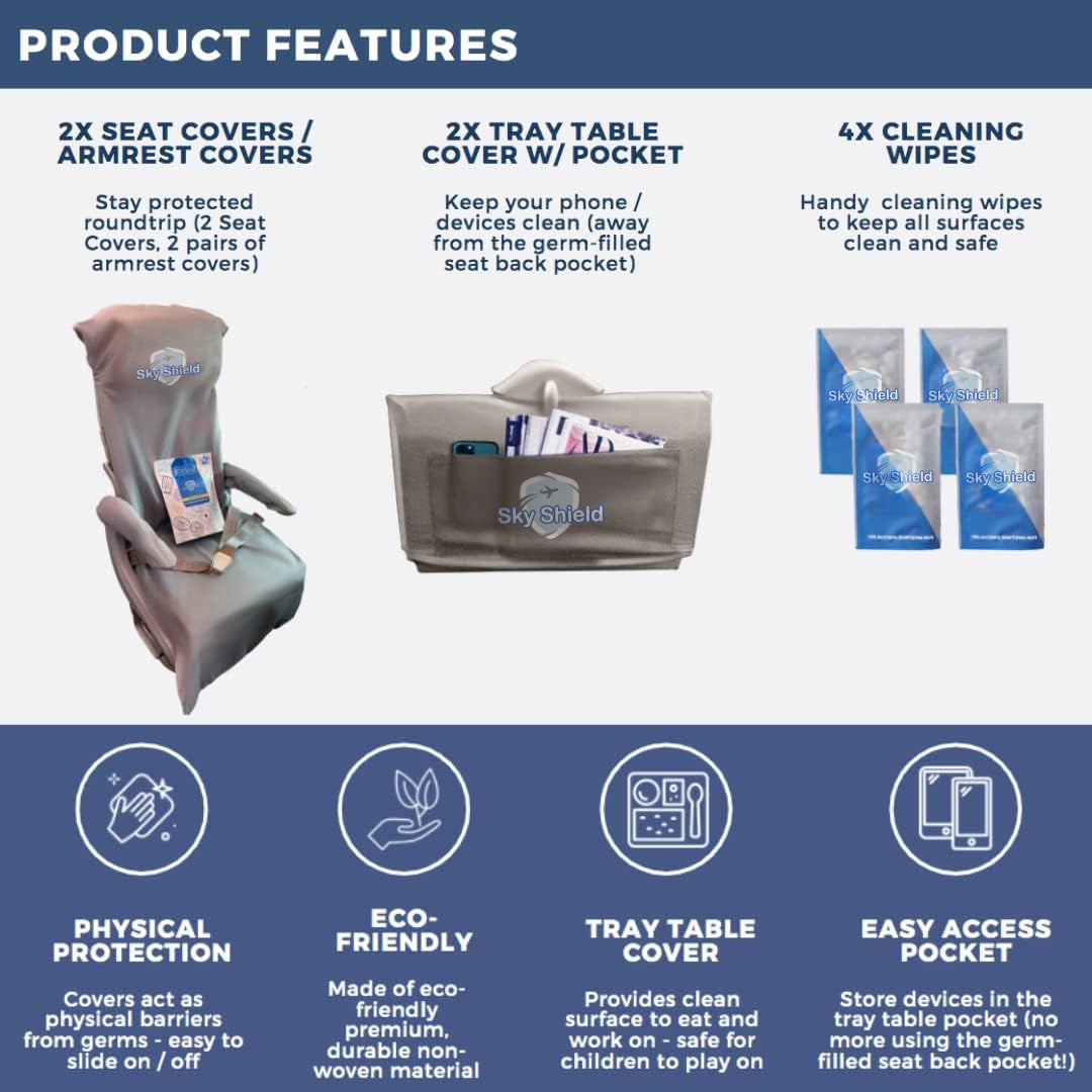 SkyShield Travel Safety Kit (2 Full Sets) - Airplane Seat Covers, Armrest and Tray Table Covers