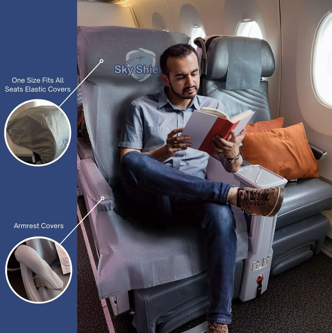 SkyShield Travel Safety Kit (2 Full Sets) - Airplane Seat Covers, Armrest and Tray Table Covers